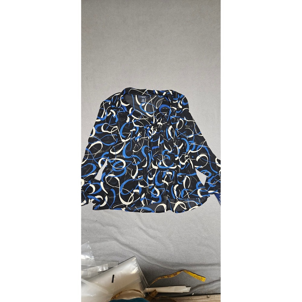 Chaps Gramercy Park Black Blue Abstract Swirl Ruffle Chiffon Blouse NWT Large